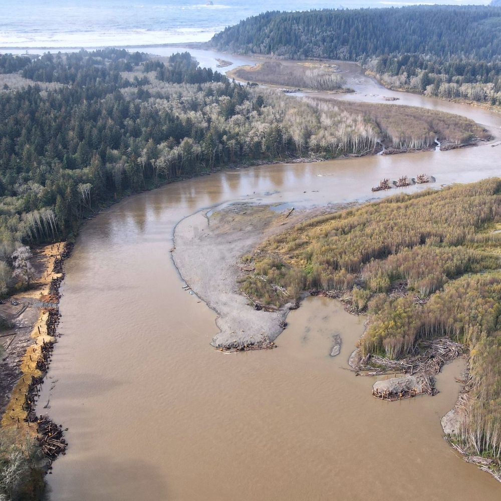 Aerial view of river twisting right and then left out into the ocean.