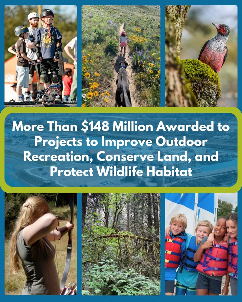 Graphic showing different programs funded by grants. Images on graphic: Youth skateboarding, walking a leashed dog on the trail with a youth leading the way, a Lewis woodpecker, youth lining up a shot with a bow, a lush forest with a downed limb, and a group of youth wearing life jackets posing in front of sailboats. Text on graphic: More Than $148 Million Awarded to Projects to Improve Outdoor Recreation, Conserve Land, and Protect Wildlife Habitat
