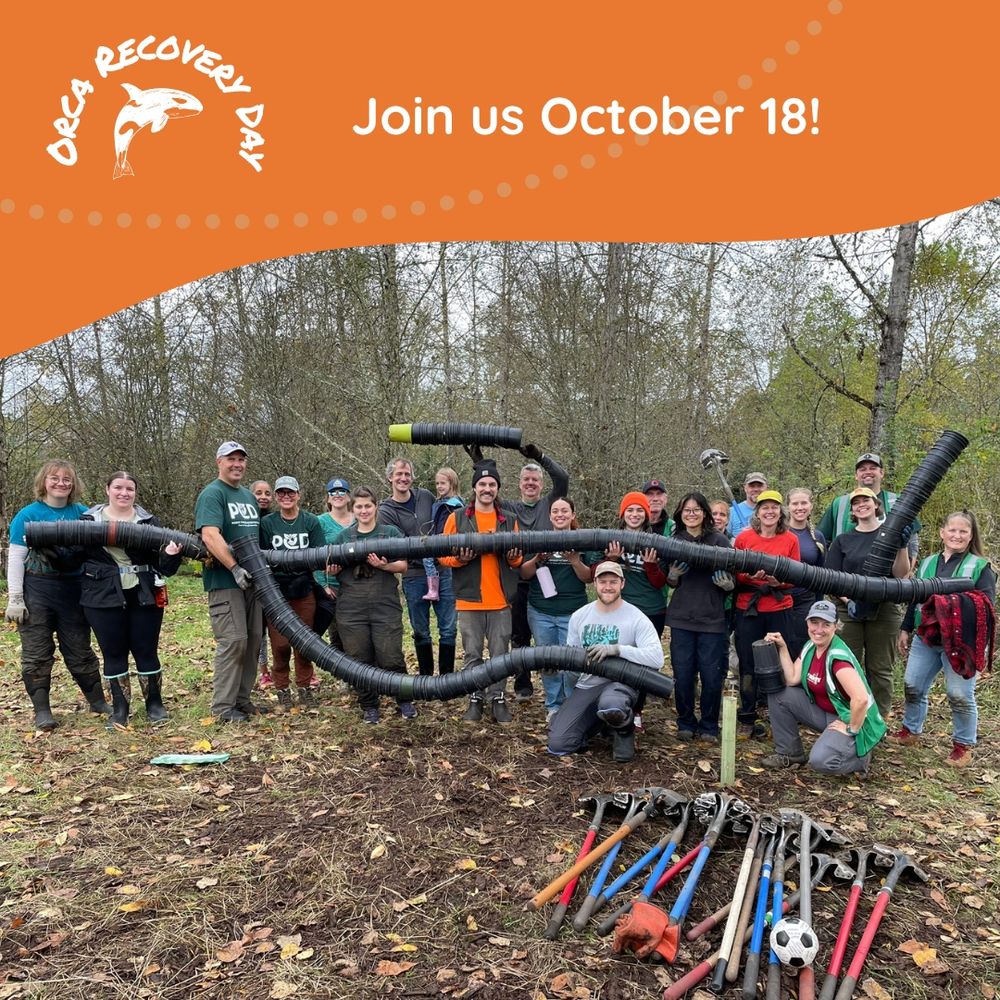 Group of people holding sections of black pipe while standing in front of a forested area. Text on graphic: Orca Recovery Day; Join us October 18!