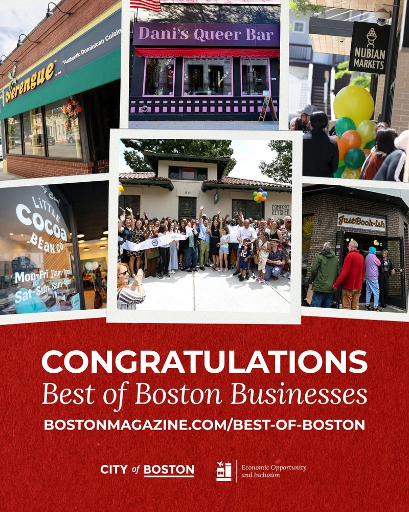 Graphic that features 6 photos with white frames around them in the top two thirds of the image with text in the lower third reading "Congratulations Best of Boston Businesses. Boston.gov/best-of-boston" over a red background.
