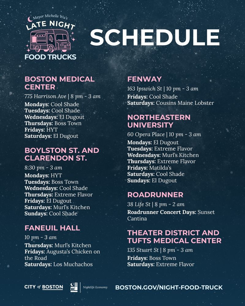 A graphic with a starry sky background that lists all food trucks and schedules for Mayor Wu's Late Night Food Truck Program. View full schedule at boston.gov/night-food-truck