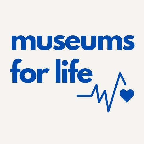 White background with blue text "museums for life" with blue heart line and heart below the text 