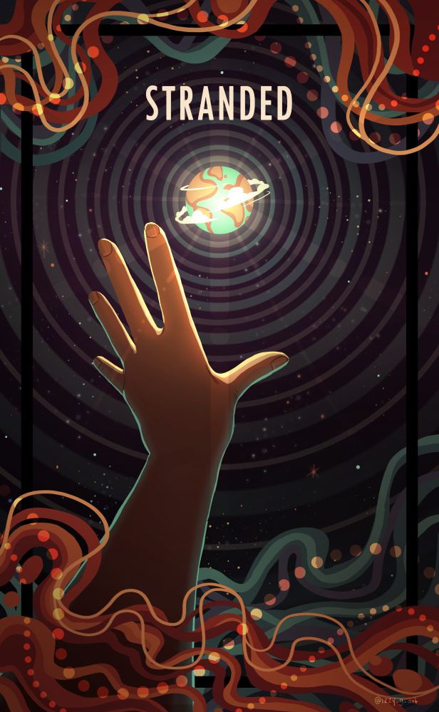 Fan art poster design of the song Stranded from vinny vinesauce and Jabroni Mike's band Red Vox. A hand is reaching for a distant planet earth, with nebulous borders around the image surrounding the base of the arm, as though they are sinking into a void of sorts. Concentric circles radiate from the earth, as well as a faint glow. There is a teal, orange, and dusty dark purple colour scheme to the image. The word "Stranded" sits in the top of the image above the planet earth.
