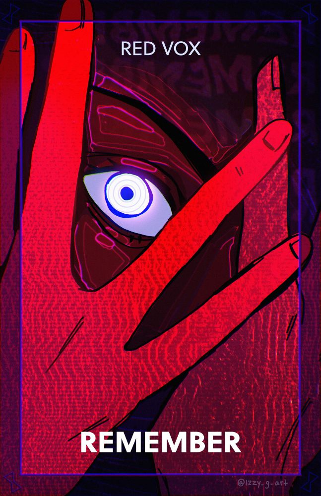Fanart for the band Red Vox, fronted by Vinny of Vinesauce. It features a red colour palette with computer and crt screen effects, with purple accents. It is a closely cropped view of hands covering a face, with an open space between the fingers of one hand for an eye to peer out of.