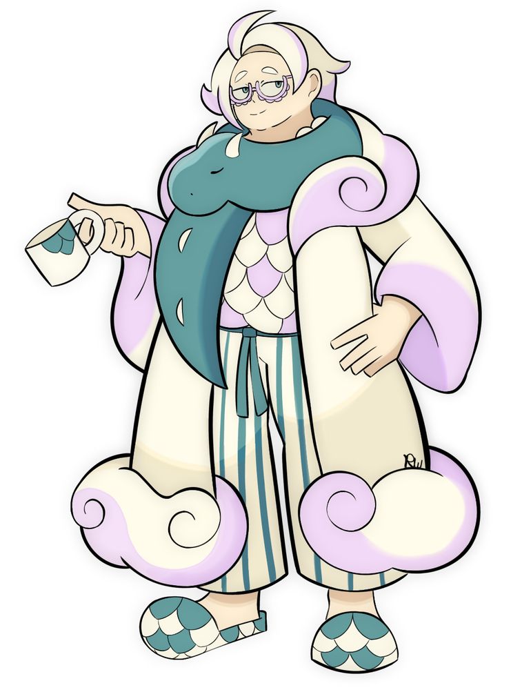 A fan-made Pokémon character with a pink, green, and cream color scheme. He’s chubby and wears a silky robe where the ends swirl to look like clouds. Beneath the robe is a top with a pink dragon scale pattern and striped green pajama pants. He wears slippers with green dragon scale patterns, and a large scarf in the shape of a green sleeping dragon around his neck. He has pink glasses with bottom frames that have little ridges that look like scales, and his hair is short and curvy. He carries a coffee mug in his right hand with a little scale pattern, has his left hand on his hip, and wears a calm, slightly nonchalant expression.