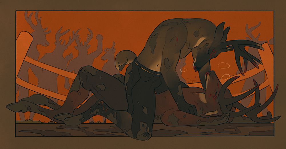Two anthro stags finishing a brawl in a mudpit, one victorious and one felled. Behind the fence audience cheers.
