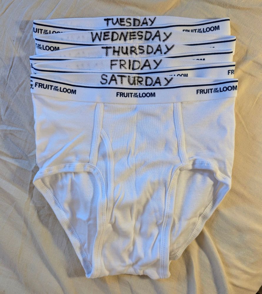 Five pair tighty whities, neatly labeled Tuesday to Saturday.