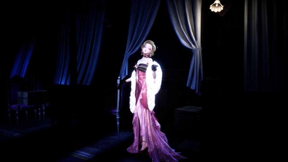 A screenshot from Infinity Nikki. It's a blonde woman with short hair and a sparkly pink dress in front of a window.