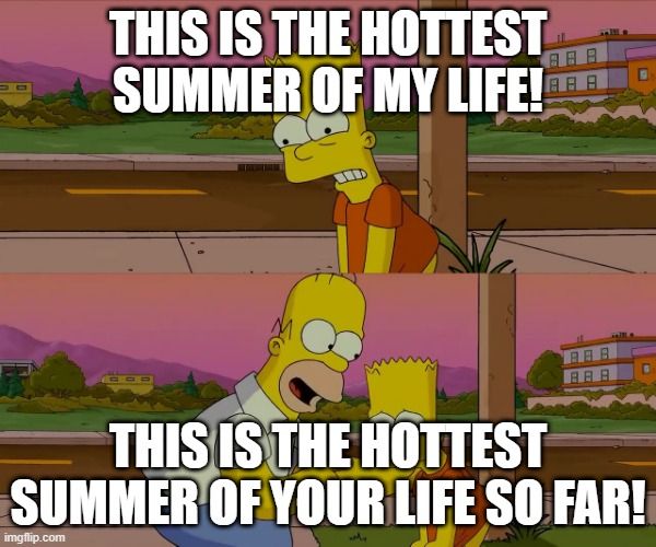 The Bart having the worst day of his life meme.

Two stills from the Simpsons Movie. First Bart crouched hiding his naked lower body and the second Homer leaning down to talk to him.

Text added reads

"This is the hottest summer of my life!"

"This is the hottest summer of your life so far!"