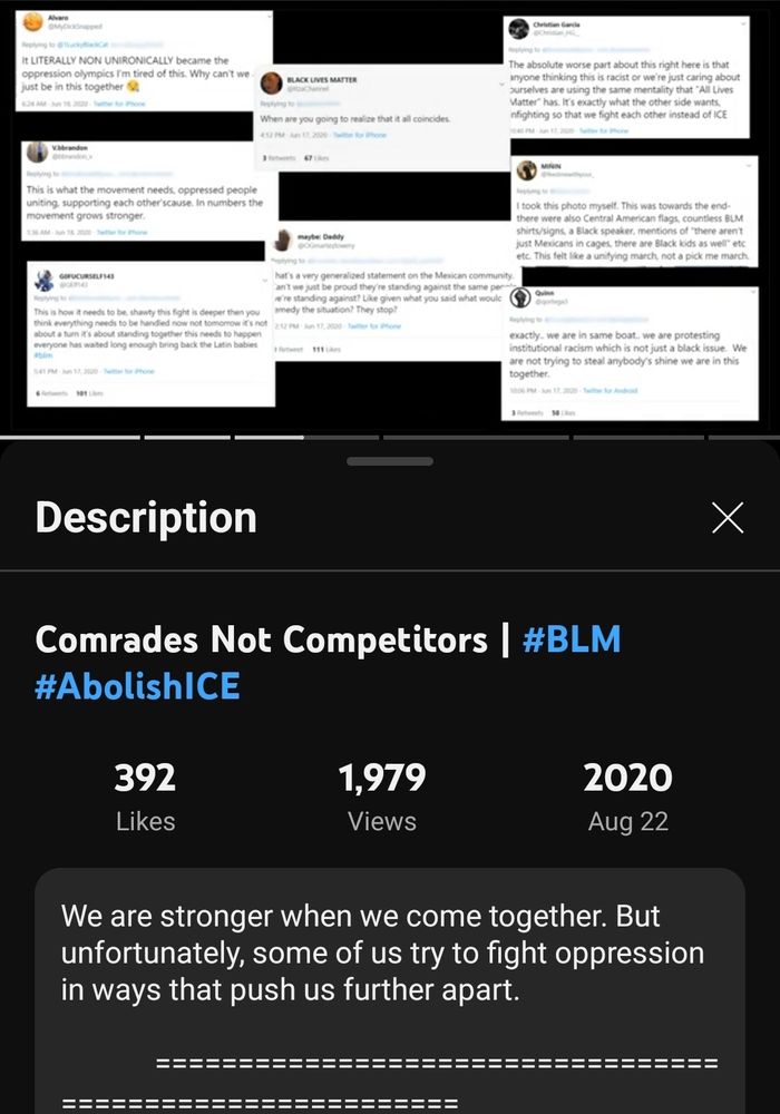 Screen shot of the video on YouTube, titled Comrades Not Competitors by LuckyBlackCat channel. Description reads "We are stronger when we come together. But unfortunately, some of us try to fight oppression in ways that push us further apart."