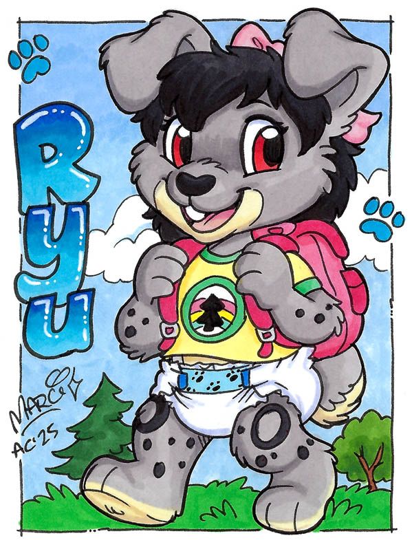 It is a "badge" of an anthropomorphic grey rabbit wearing a t shirt with a pinetree on it, a pink bow in her hair and a diaper.