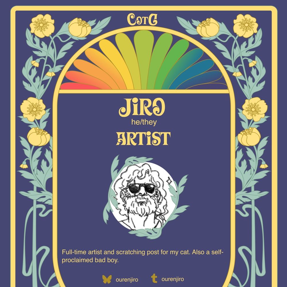 A navy and yellow art-nouveau style graphic for the zine Colours of the Gate. It reads: Jiro. He/they. Artist. Full-time artist and scratching post for my cat. Also a self-proclaimed bad boy.