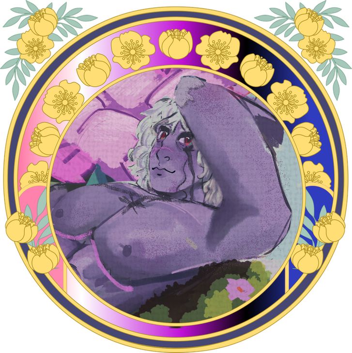 A circular navy and yellow art nouveau style graphic, with a frame in the colors of the genderfluid flag. There is a preview of an art piece where a drow tav with white hair and red eyes is reclined and looking at the viewer; their chest is uncovered and their top surgery scars are visible. 