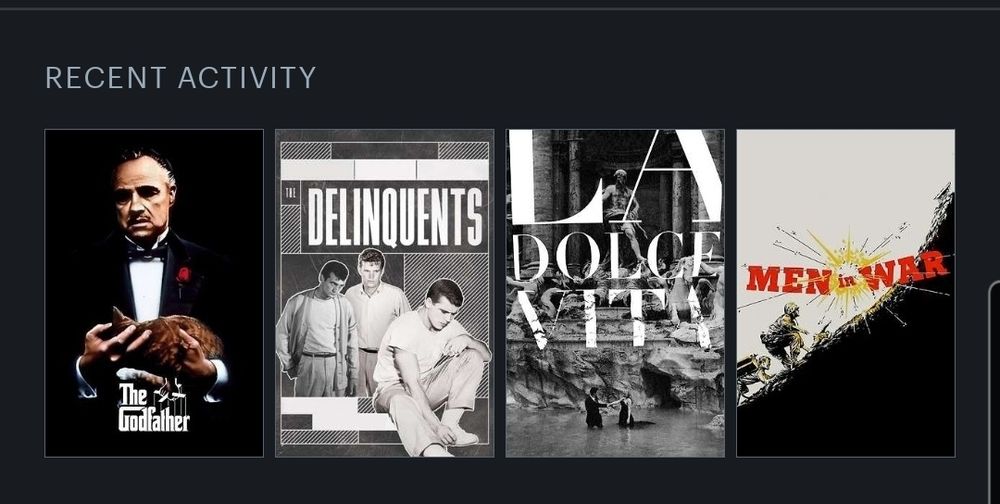 Last four watched on Letterboxd showing movie posters, from left to right: The Godfather, The Delinquents, La Dolce Vita, and Men in War