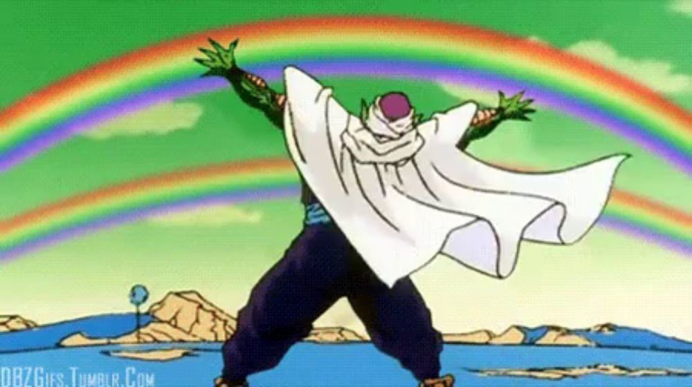 piccolo from dragon ball z is standing in front of a rainbow in the sky .