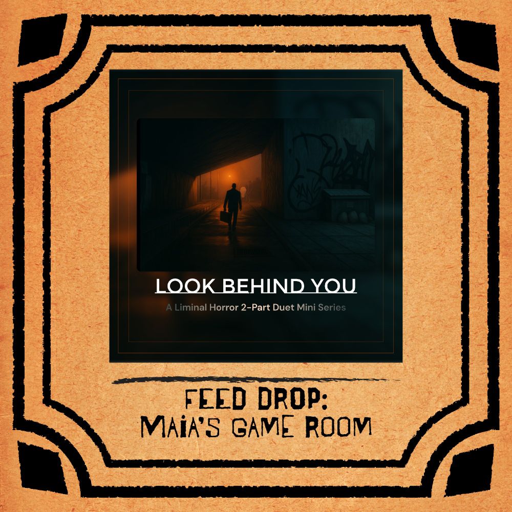 The cover art of Tales Yet Told's feed drop episode featuring the cover art of Look Behind You with a line below it and the words "Feed Drop: Maia's Game Room"