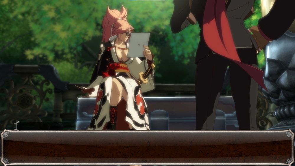 screenshot from baiken's xrd arcade mode of her sitting down reading a paper while answer stands facing her (and away from the viewer) with his hand on his hip. the camera is positioned so that his ass is in like front and center on the right above the empty text box