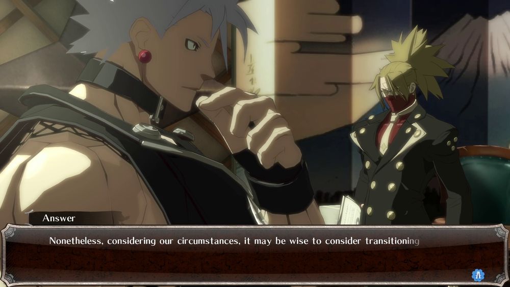 screenshot from the guilty gear xrd revelator story mode, of answer and chipp talking in their office. Answer says "nonetheless, considering our circumstances, it may be wise to consider transitioning" [the text is cut off mid sentence so that's all he says]