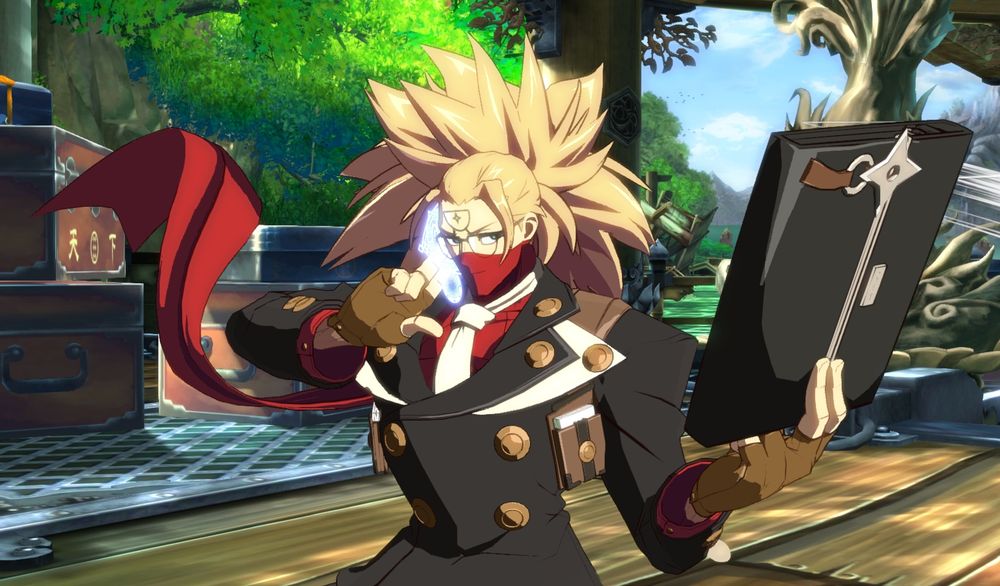 frame of answer starting his crouch blocking animation. he is pulling his padfolio out and holding it up in front of him with two fingers. it has a little shuriken shaped latch on the front.