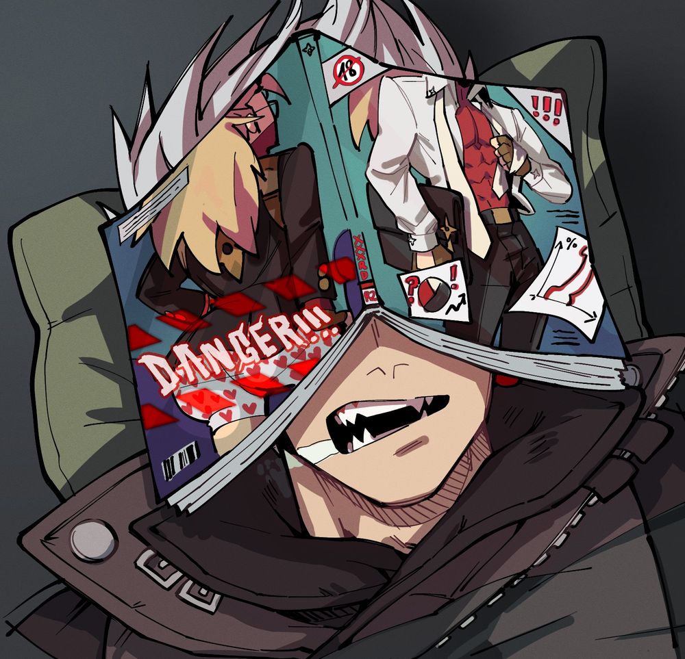 Chipp Zanuff from guilty gear fallen asleep with an adult magazine lying opened on top of his eyes, which features pinups of his secretary Answer on the front and back covers. he is lying on a pillow and there is drool coming out of his mouth.
The back cover (on the left side) has Answer facing away from the viewer with his ass sticking out wearing red heart boxers and the danger time “DANGER” text over it.
The front cover (on the right side) has answer with his face cropped out, with his tie undone holding his briefcase under one arm and with the other hand is opening his shirt to reveal his muscular chest and abdomen (which is covered up by his red mask-undershirt). There is an 18+ symbol on the top left, exclamation marks on the top right, a pie chart on the bottom left with question and exclamation marks next to it, and on the bottom right is a line graph with a percent sign (and the line is drawn to look like an erection). The spine of the book says “XXXrd R2” referencing guilty gear xrd rev 2. the art is referencing a shot from the cartoon ‘knights of guinevere’.