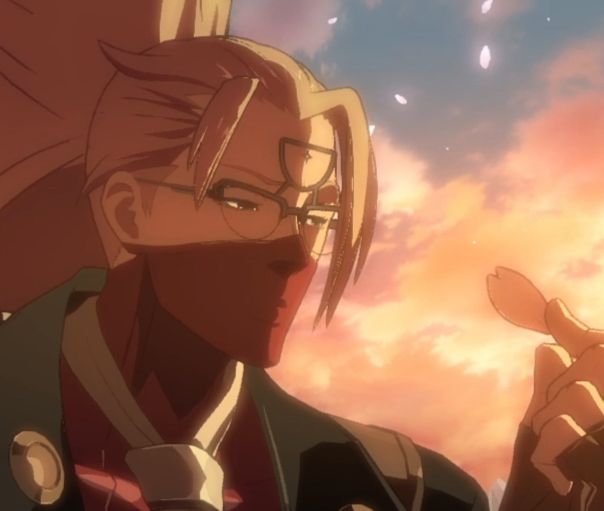 answer from guilty gear squinting and raising his eyebrow at a cherry blossom petal he's holding
