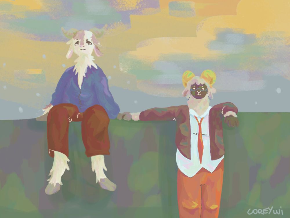 A goat and a sheep holding hands, watching a sunset