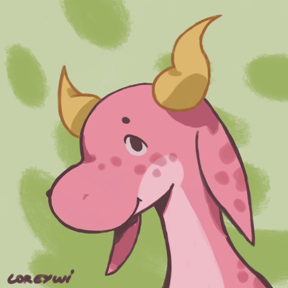 Bust of a pink, round and soft dragon with yellow horns with an abstract background