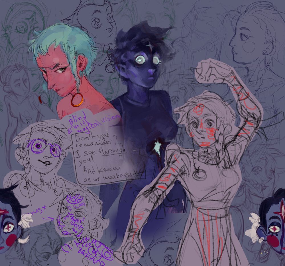 A compilation of sketches featuring a girl with two souls and magical vision!