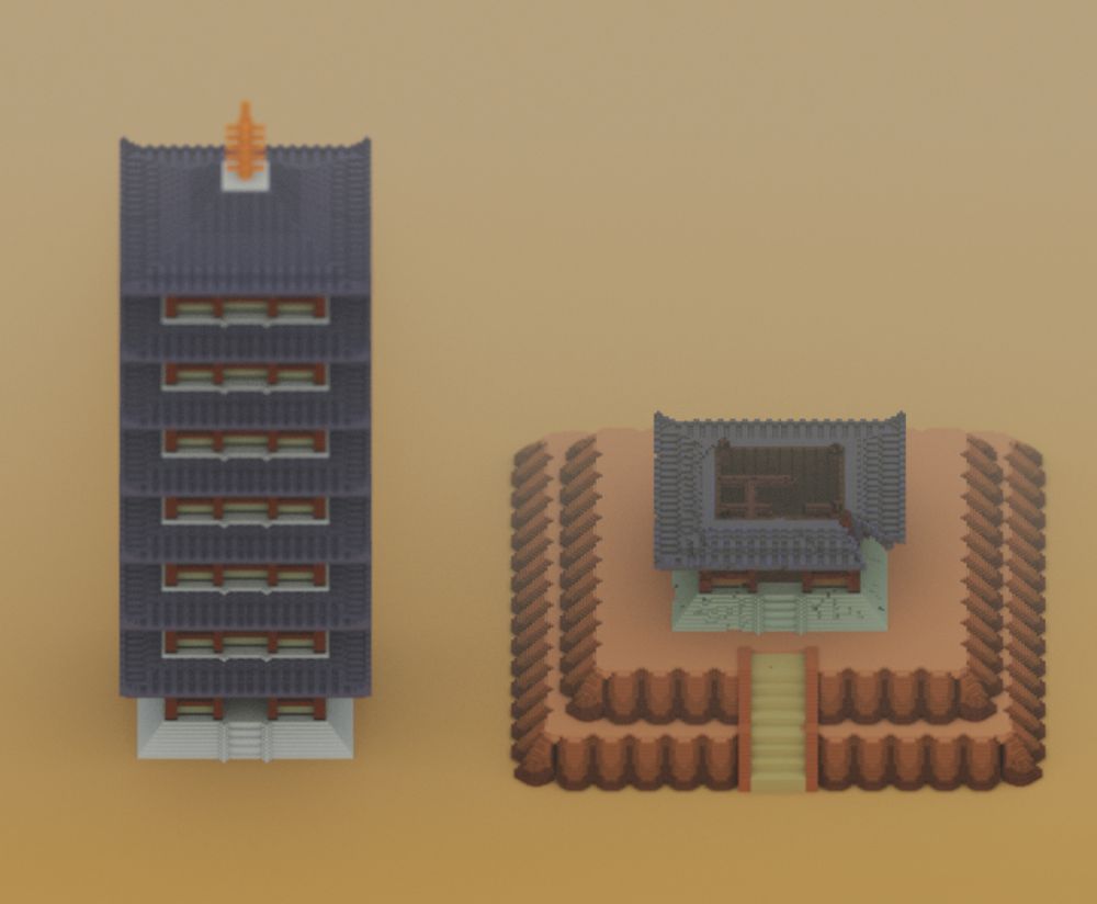 Two ancient japanese styled towers in voxel art.