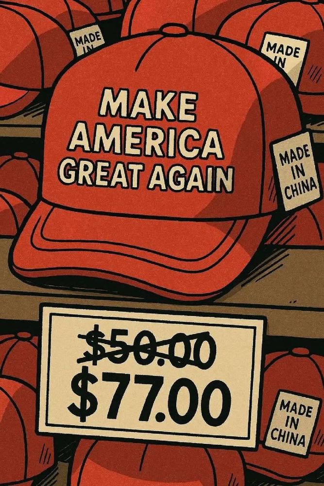 A store selling caps that read "Make America great again", made in china, with a price tag that has 50USD crossed and a 77USD new price