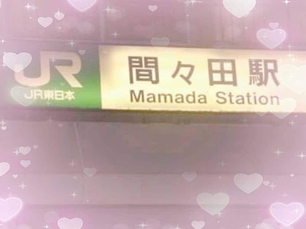 Foto de uma placa de sinalização de uma estação de Trem no Japão chamada Mamada Station