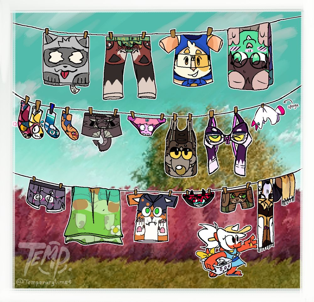 three rows of clothesline with various characters draped over it transformed into clothes. Raka is collecting some of them.