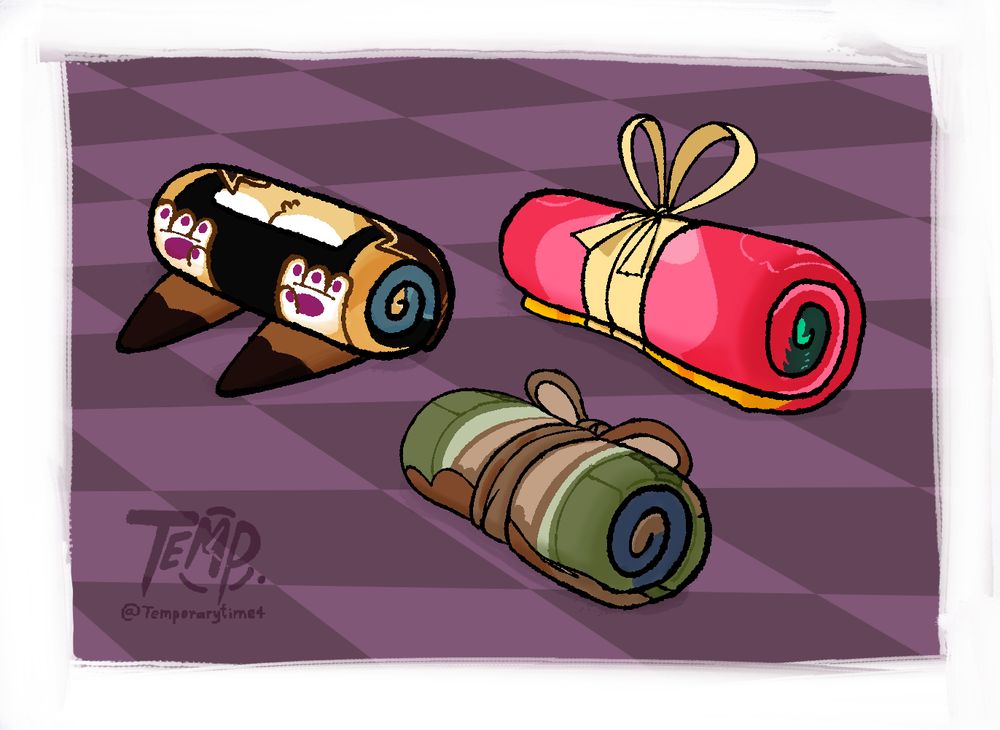 Silver, Cherry and Temp rolled up in various ways.