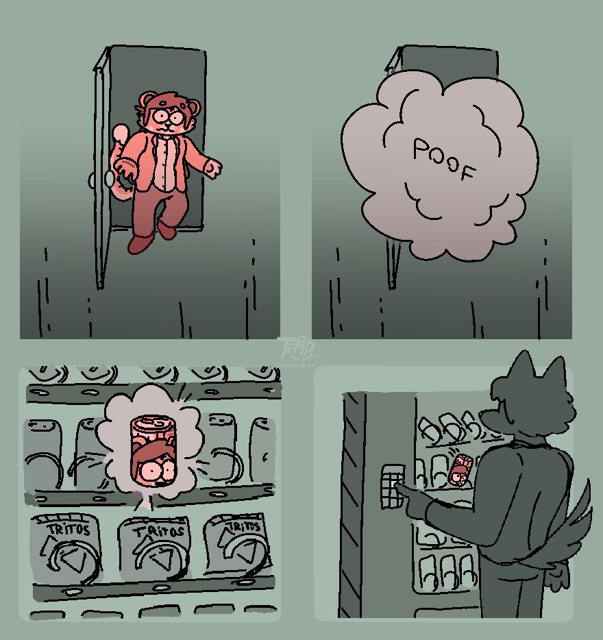 A four panel comic: Lana opens a door into empty space. She gets poofed in a cloud of smoke, and appears as a soda can inside a vending machine. Soon after, a person selects her in the machine.