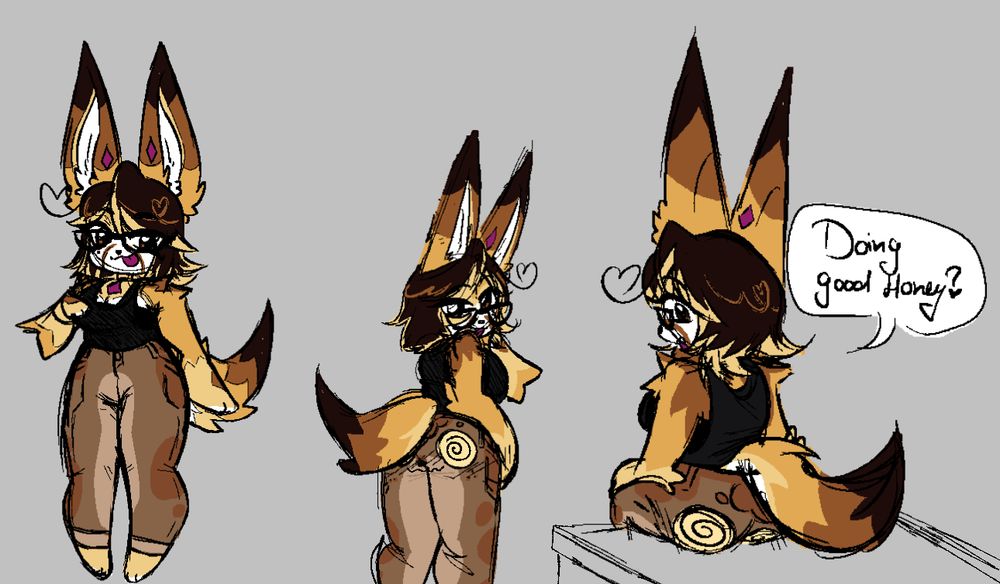 Silver posing while wearing Temp as a pair of jeans. The first pose shows them from the front, the second is from the back, showing Temp's face, and the third is of them sitting down while saying "Doing good Honey?"