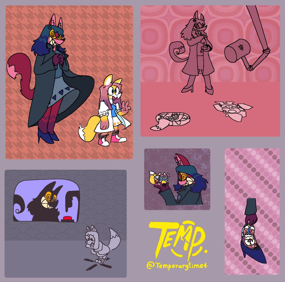 Blue Razzberry next to Razz, standing with a remote and a mechanical arm with a hammer next to pancaked Razz and Vlora, pressing a button while Razz is standing on a painted X, holding a cubed Razz, and putting a Razz insole in her high heel.