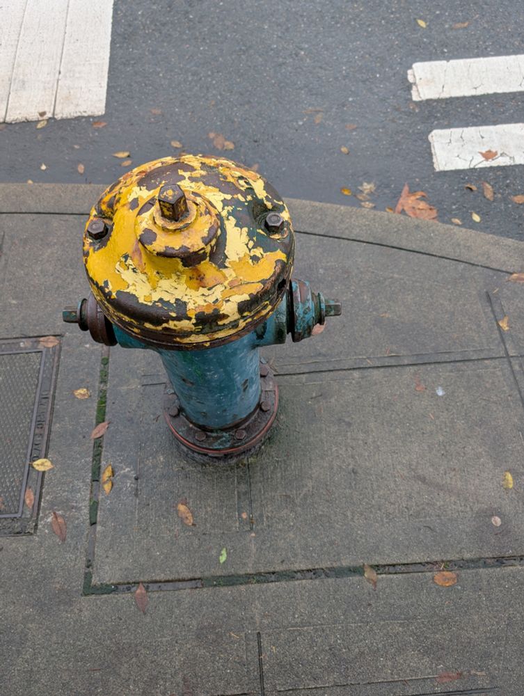 A photograph of a fire hydrant on a street corner. The top is yellow and the base dark teal. The paint is weathered and chipped away completely in places, revealing rusted metal underneath.