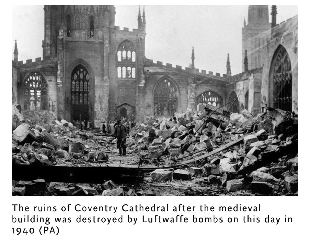 Wartime photo of a destroyed Coventry Cathedral after Luftwaffe bombing