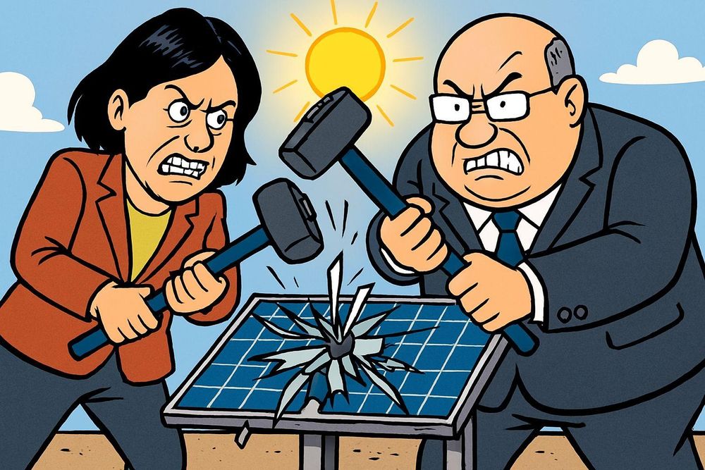 Cartoon Zeichnung, altmaier und reiche zerstören solarpanel