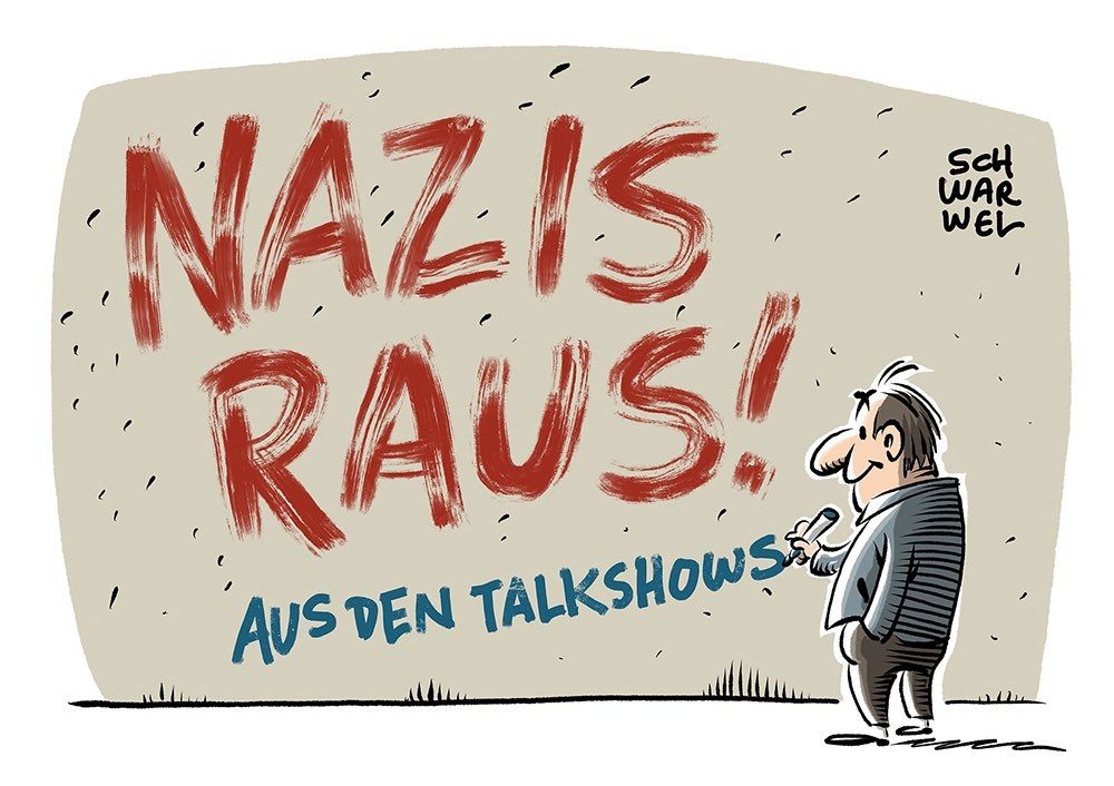 Zeichnung schwarwel, Mann schreibt an die Wand nazis raus aus den talkshows