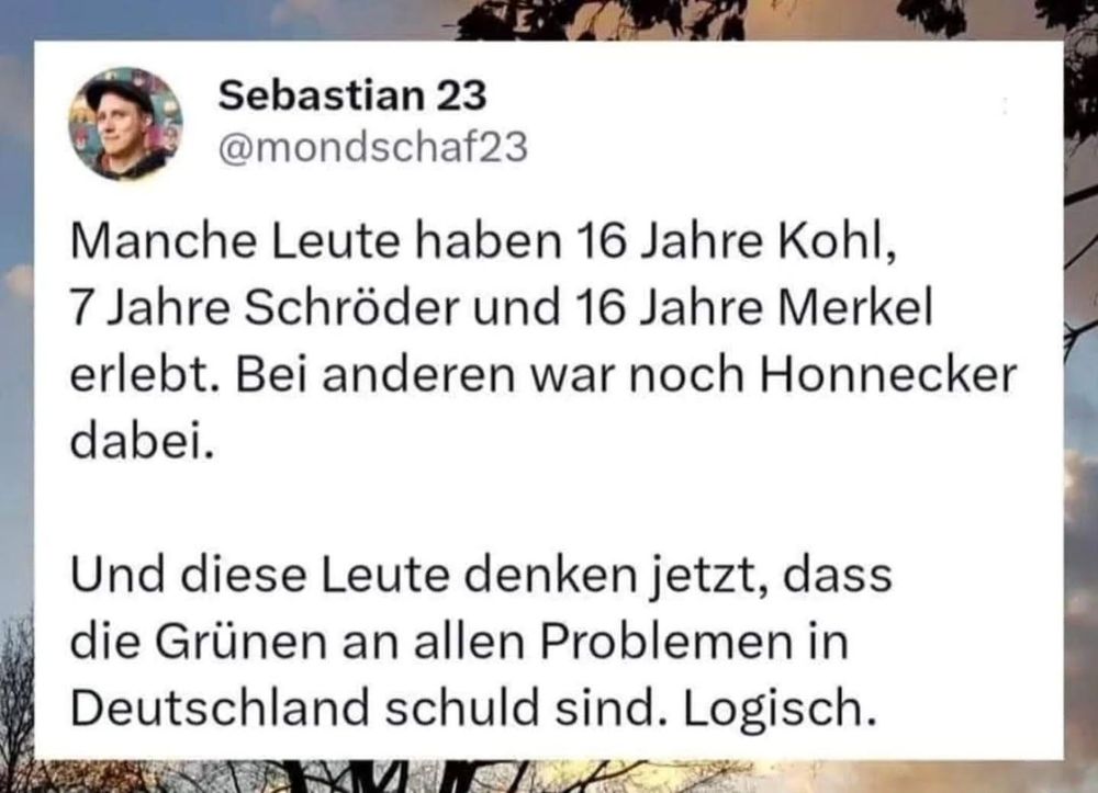 Sebastian 23, manche Leute haben 16 Jahre Kohl 7 Jahre Schröder und 16 Jahre Merkel erlebt, bei anderen war noch Honecker dabei, und diese Leute denkt mir dass die Grünen an allen Problemen in Deutschland schuld sind, logisch