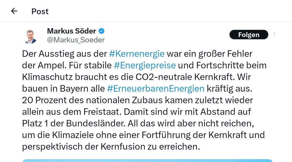 Söder fordert Rückkehr zur kernenergie