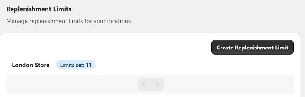 Screenshot of settings for Pimsical Stock Take Shopify application. Showing a preview of the ability to control the replenishment limits for your products across Shopify locations.