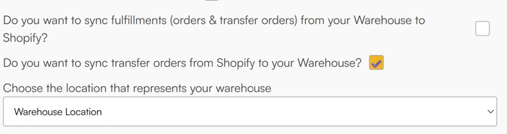 Screenshot of settings for Pimsical Warehouse Shopify application. Showing the option to enable or disable the synchronising of transfer orders and fulfilments between your PeopleVox Warehouse and Shopify automatically.