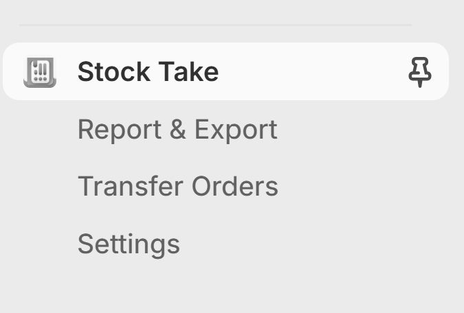 Screenshot of settings for Pimsical Stock Take Shopify application. Teasing the menu option to start working with transfer orders inside Shopify and our app.