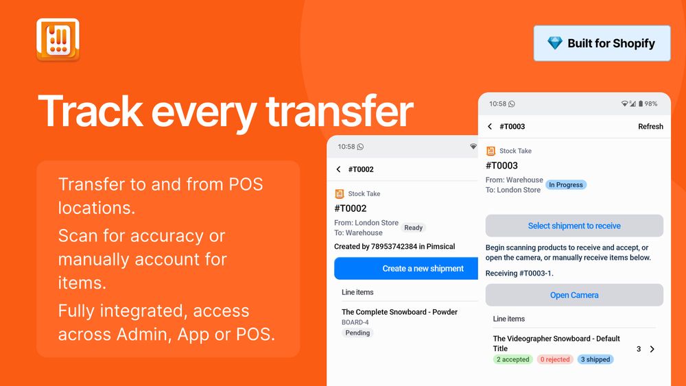 Track every transfer. Transfer to and from POS locations. Scan for accuracy or manually account for items. Fully integrated, access across Admin, App or POS.