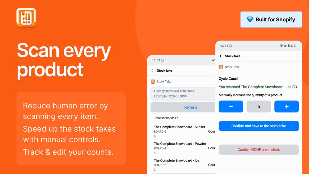 Scan ever product. Reduce human error by scanning every item. Speed up stock takes with manual controls. Track & edit your counts.