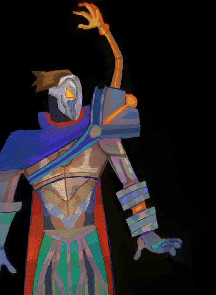A painting of machine herald Viktor from League of Legends. He is standing and looking to the right.