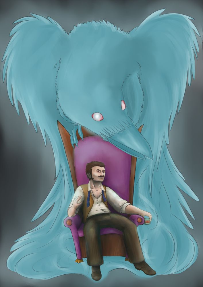 On a wooden, high-backed chair with purple upholstery sits Poe as we know him from the Altered Carbon series. His posture is laid back as his left arm casually dangles over the left arm rest, holding a tumbler of some fine spirit or other, while the elbow of his right arm is leaning on the chair's other arm rest. His right hand is lifted up slightly in a beckoning motion. He is missing his trademark coat, his neck tie is undone, his waistcoat is open and the top two buttons on his shirt are undone. Moving up to his face, his eyes are red as his face is angled to look slightly down upon the fewer with a smirk.
Upon the back of the chair rests a giant raven, its colour a spooky blueish white, it's eyes pearlescent with a slight redness to them. The raven has a slight glow to it as it too seems to eye the viewer.

Every time I think to myself: this time, I shall colour things differently, this time, I shall try something new... I end up doing the same damn thing. Typical. xD