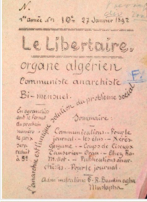 Couverture élégamment manuscrite sur fond rose pale du "Libertaire. Organe algérien communiste anarchiste bi-mensuel", 27 janvier 1892. 